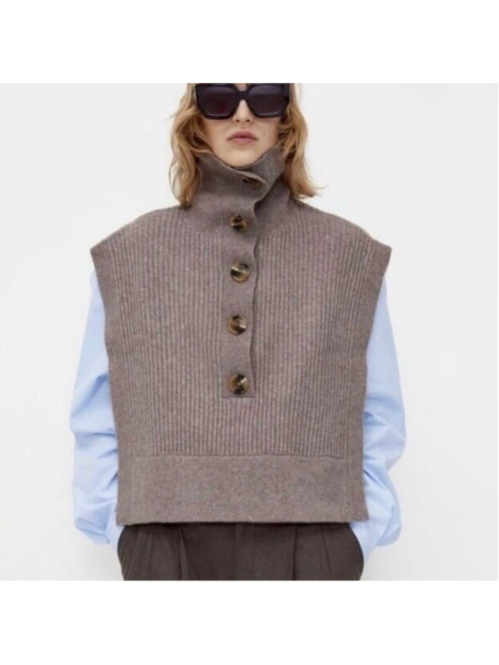 * Zara Ribbed Henley Big Button Sweater Vest Size S